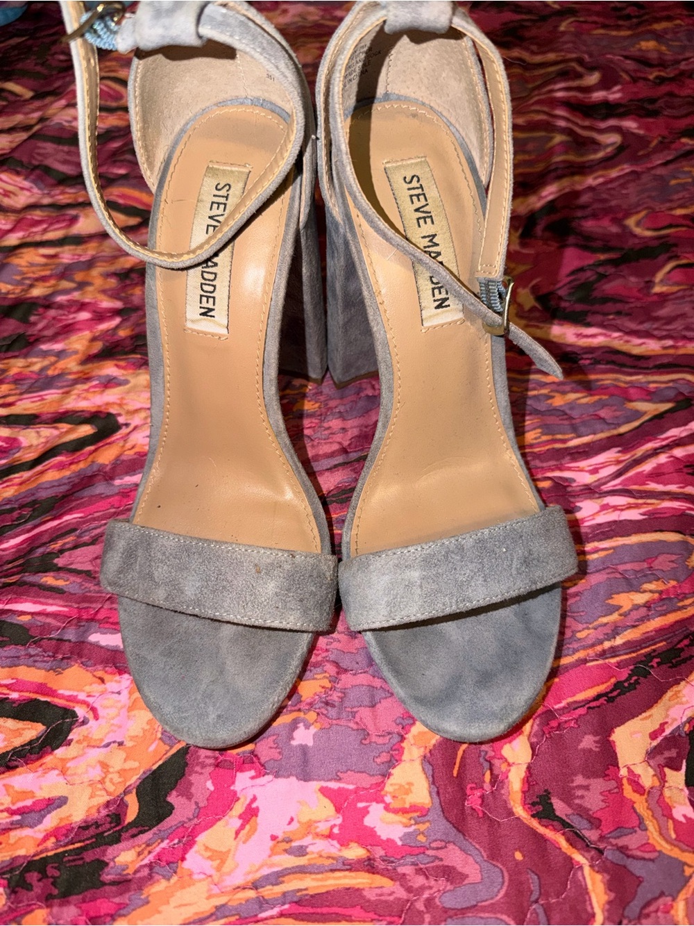 Steve Madden Grey Suede Ankle-Strap Block Heel Sandals